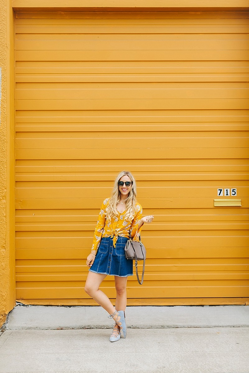 blush and camo, 70s trend, denim skirt 