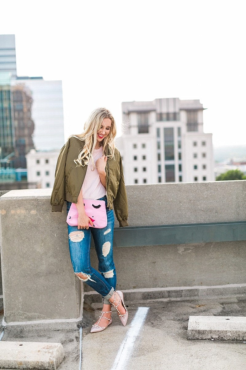 blush and camo, style blog, fashion blog, bomber jacket, how to style, style tips, valentino rocketed caged flats, trendy style, fall fashion, fall style