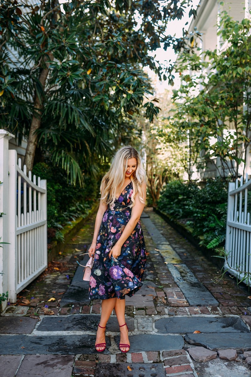 blush and camo, how to style, style tips, floral print, floral print dress, block heels