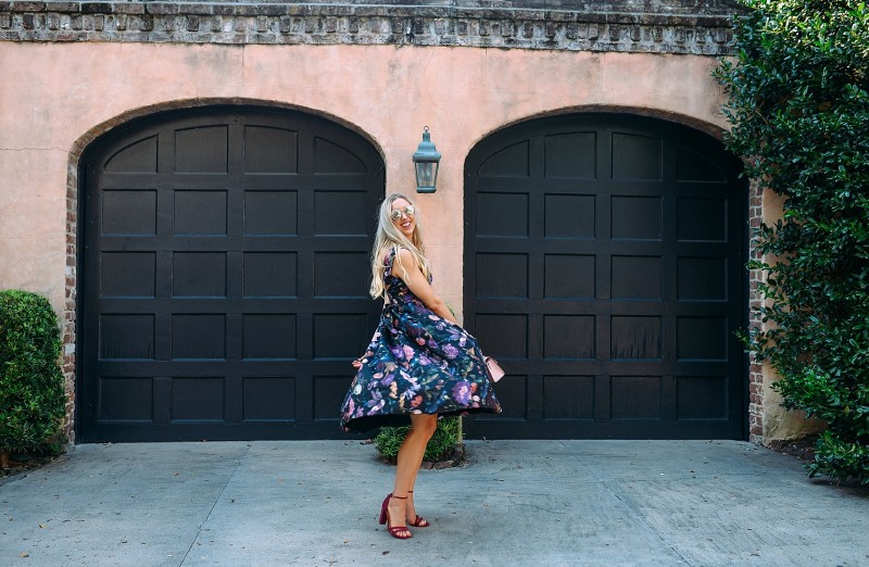 blush and camo, how to style, style tips, floral print, floral print dress, block heels