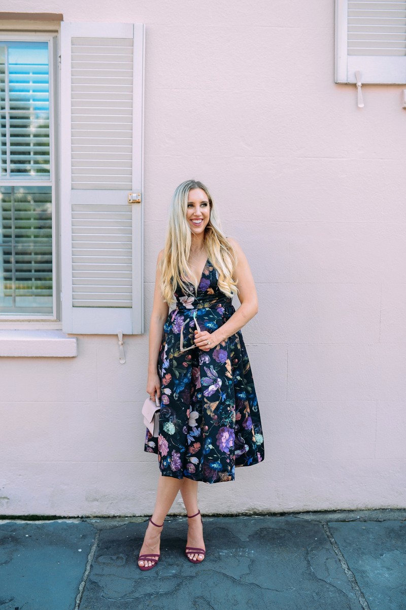 blush and camo, how to style, style tips, floral print, floral print dress, block heels