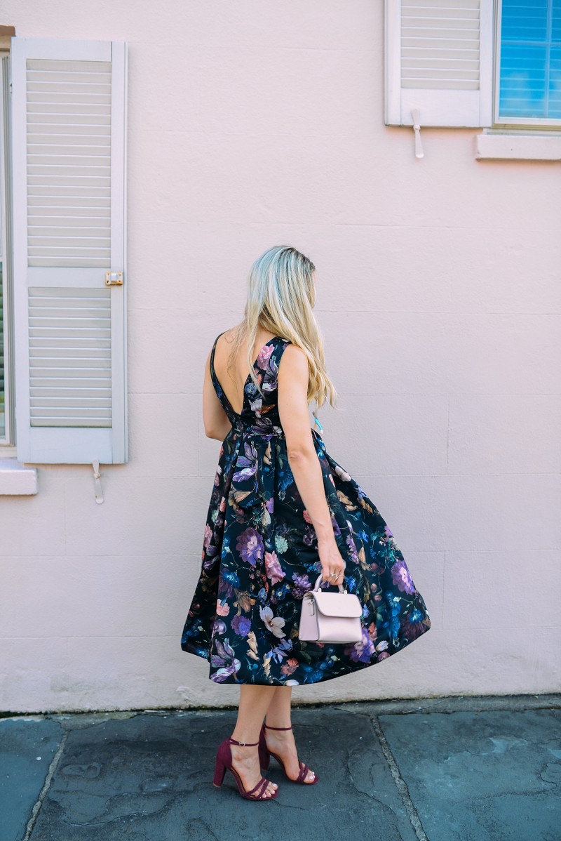 blush and camo, how to style, style tips, floral print, floral print dress, block heels