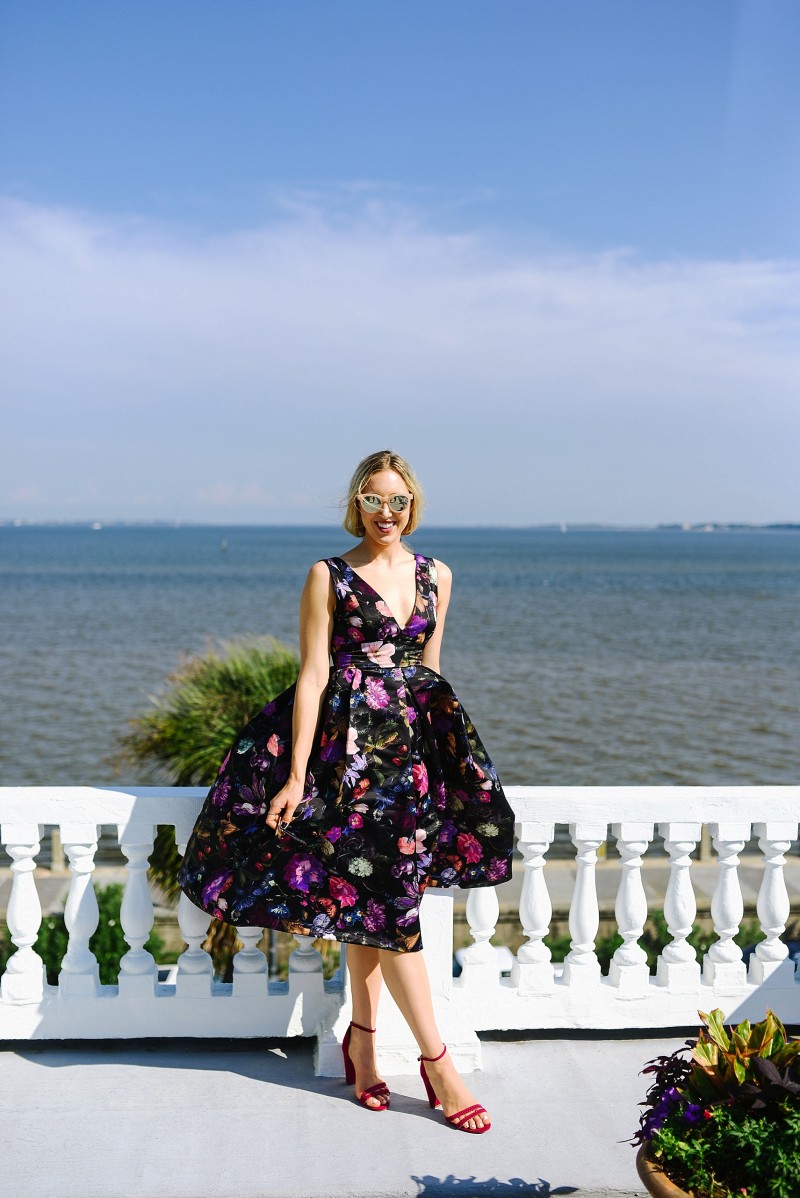 blush and camo, how to style, style tips, floral print, floral print dress, block heels