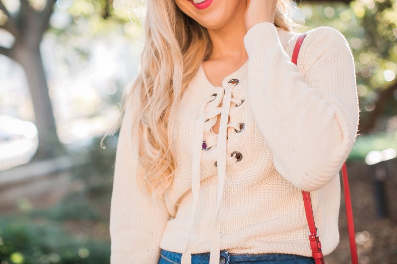 blush and camo, lace up sweater, shop maude, denim skirt, fall fashion, fall style 