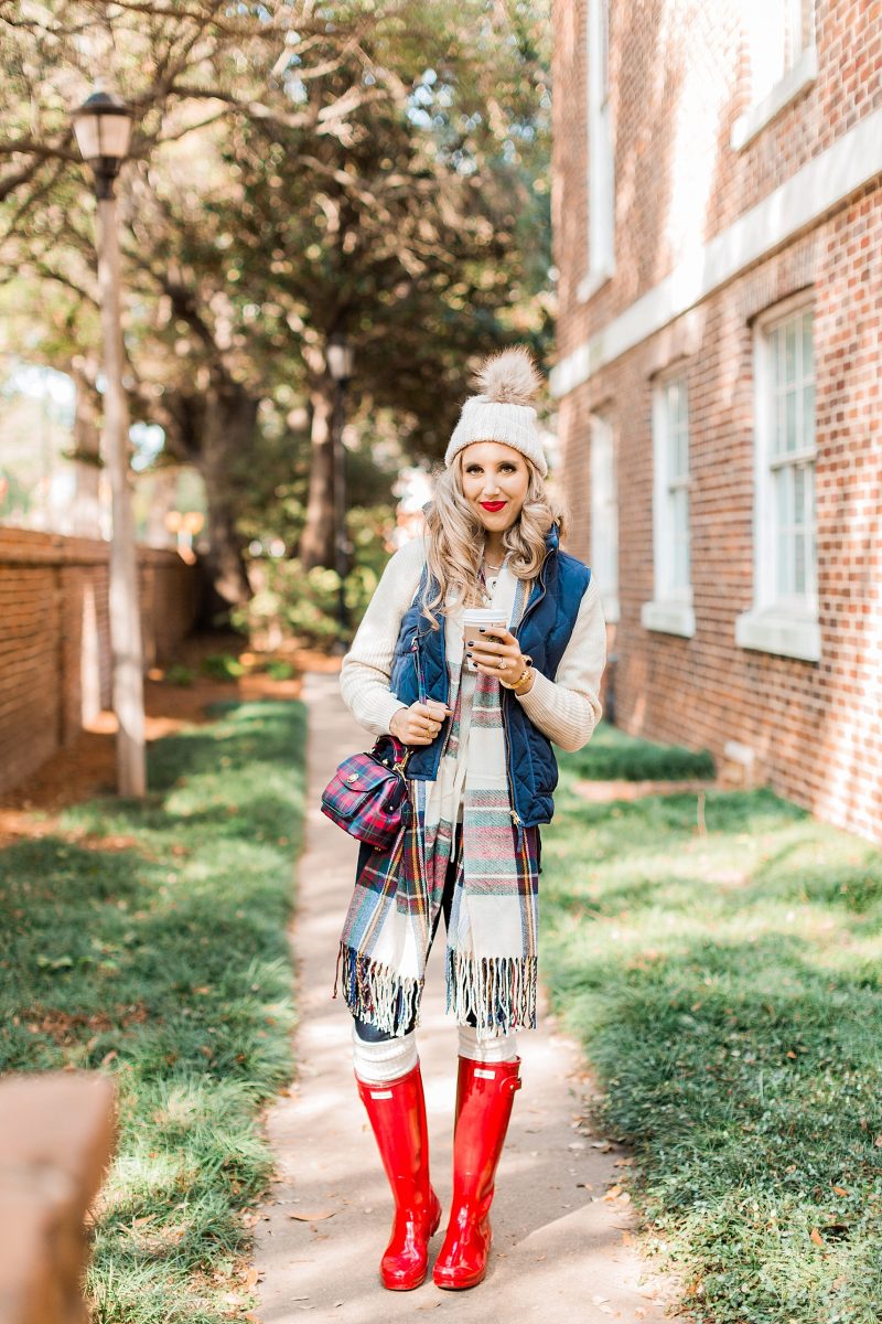 blush and camo, holiday, holiday style, hunter boots, plaid, how to style, style tips, j. crew vest