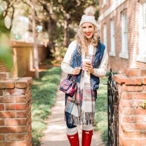 blush and camo, holiday, holiday style, hunter boots, plaid, how to style, style tips, j. crew vest