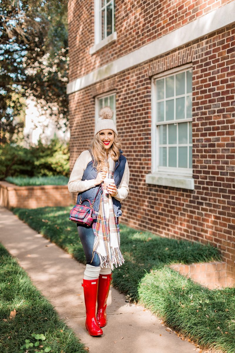 blush and camo, holiday, holiday style, hunter boots, plaid, how to style, style tips, j. crew vest 