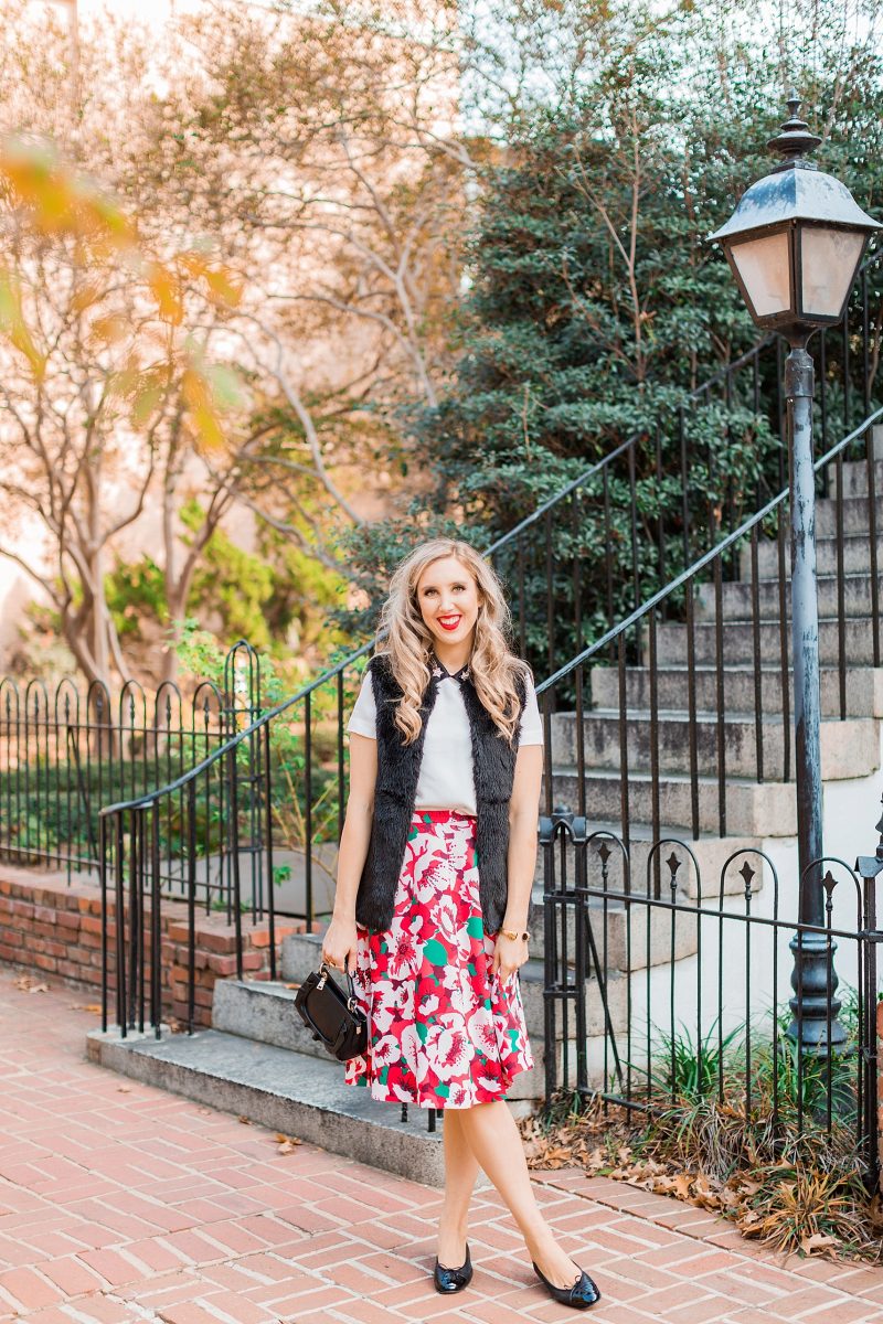 blush and camo, draper james, holiday style, southern belle, francescas handbag, chanel flats 