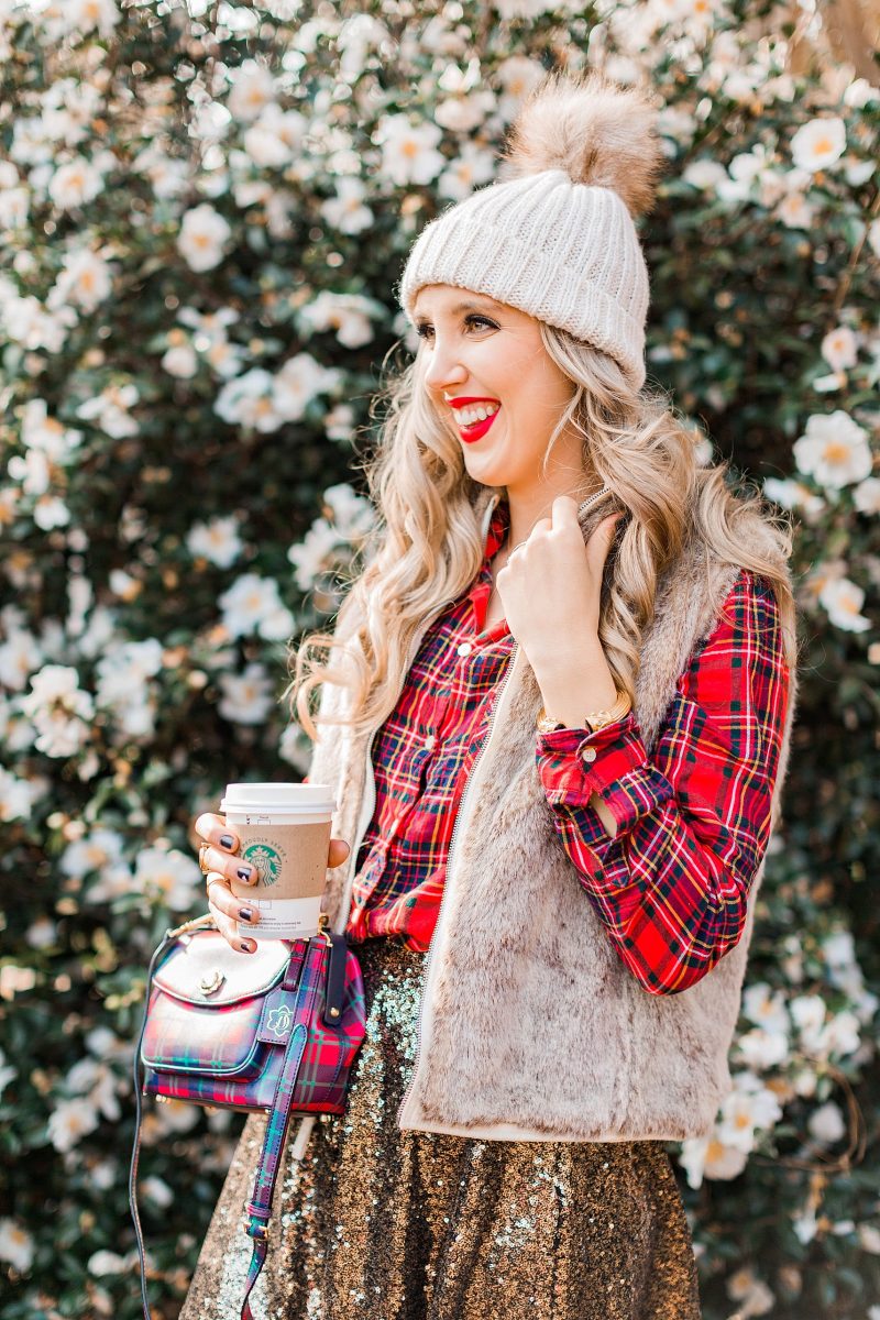 blush and camo, style blog, holiday fashion, style blog, style tips, plaid button down, sequined skirt, plaid handbag, draper james