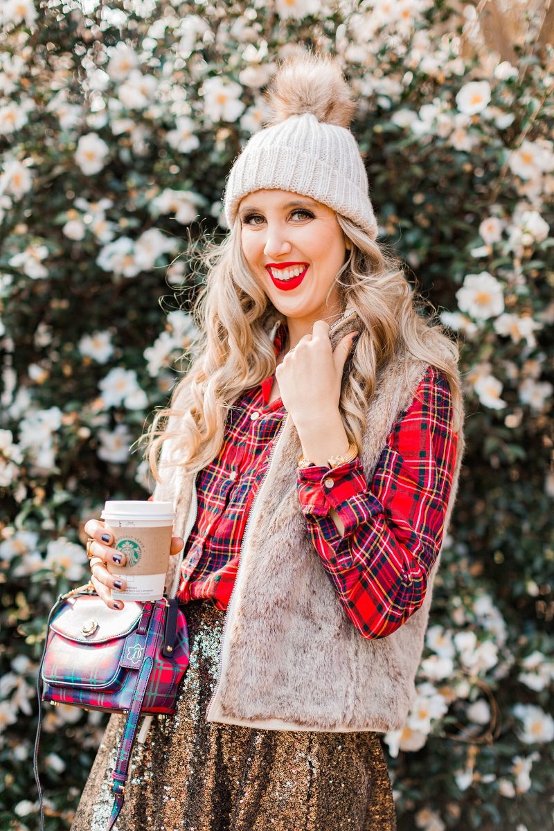 blush and camo, style blog, holiday fashion, style blog, style tips, plaid button down, sequined skirt, plaid handbag, draper james