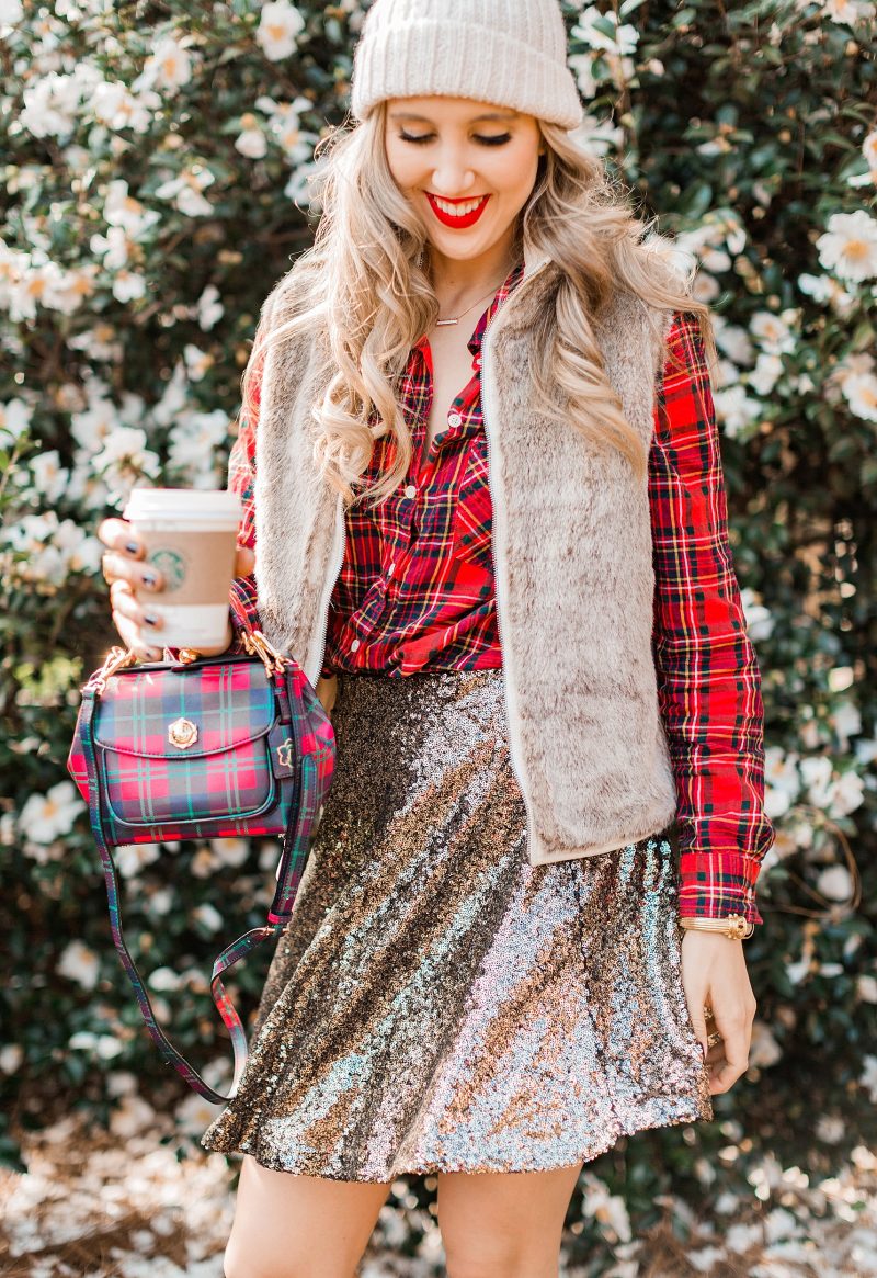 blush and camo, style blog, holiday fashion, style blog, style tips, plaid button down, sequined skirt, plaid handbag, draper james