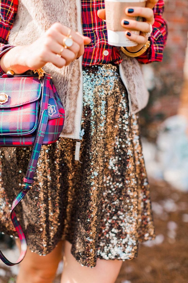 blush and camo, style blog, holiday fashion, style blog, style tips, plaid button down, sequined skirt, plaid handbag, draper james