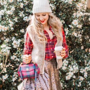 blush and camo, style blog, holiday fashion, style blog, style tips, plaid button down, sequined skirt, plaid handbag, draper james