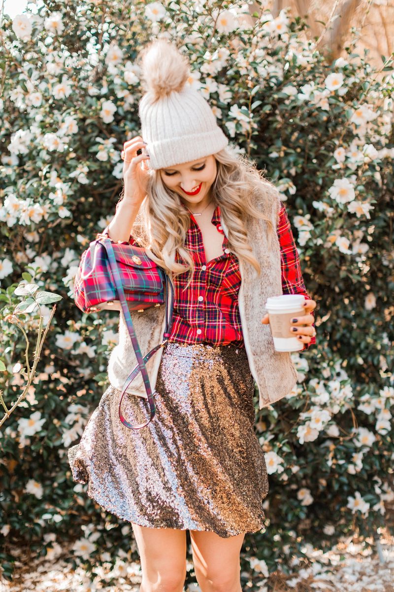 blush and camo, style blog, holiday fashion, style blog, style tips, plaid button down, sequined skirt, plaid handbag, draper james