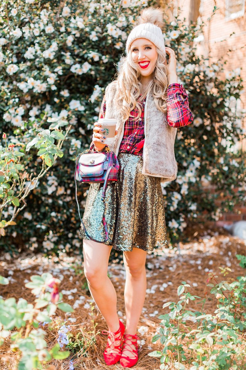 blush and camo, style blog, holiday fashion, style blog, style tips, plaid button down, sequined skirt, plaid handbag, draper james