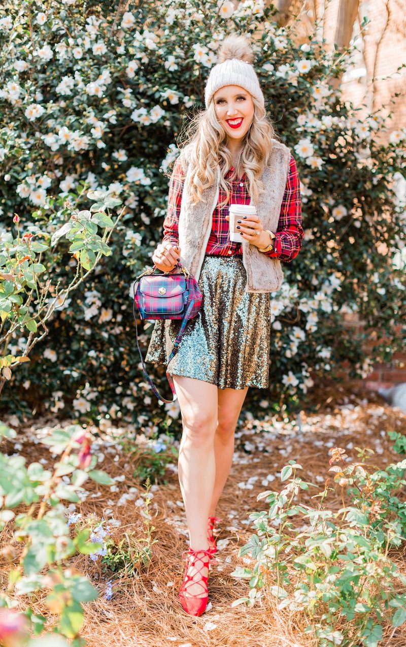 blush and camo, style blog, holiday fashion, style blog, style tips, plaid button down, sequined skirt, plaid handbag, draper james