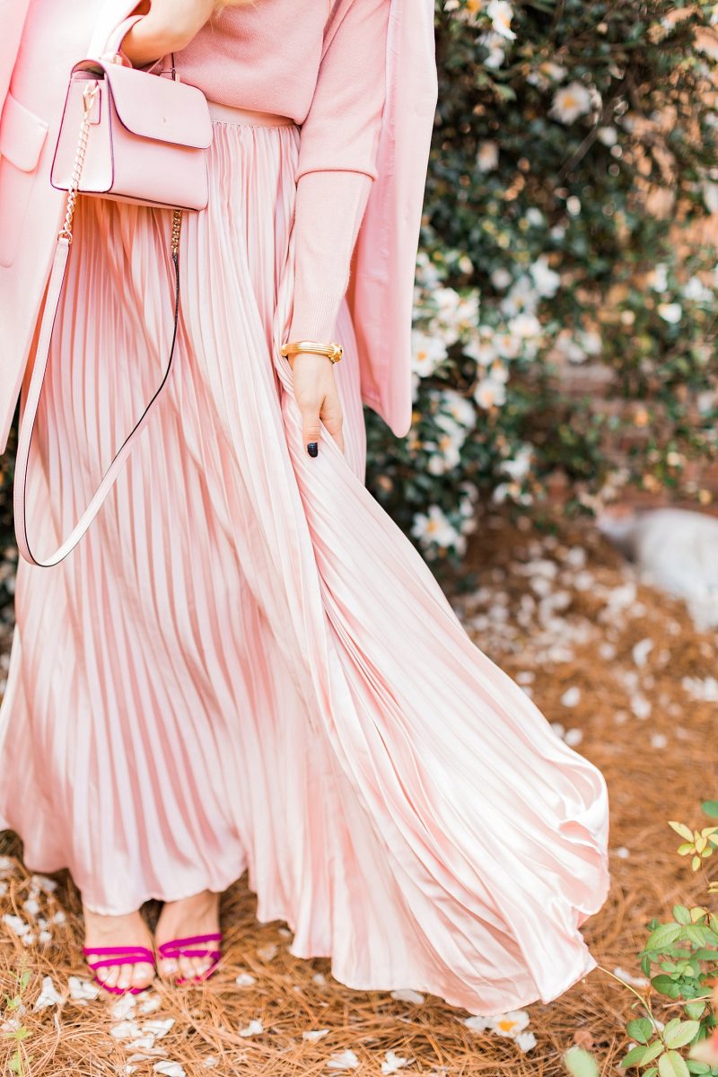 blush and camo, pink, holiday style, pleated skirt, kate spade handbag, winter style, style blog, style tips