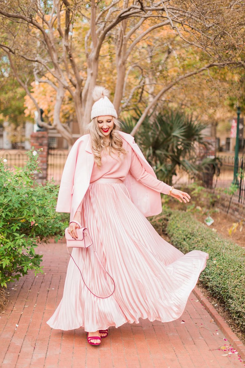 blush and camo, pink, holiday style, pleated skirt, kate spade handbag, winter style, style blog, style tips