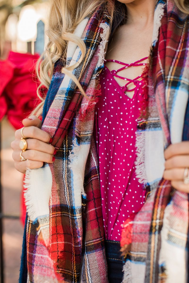 blush and camo, wardrobe, how to build your wardrobe, style tips, style blog, plaid coat, over the knee boots, red handbag 