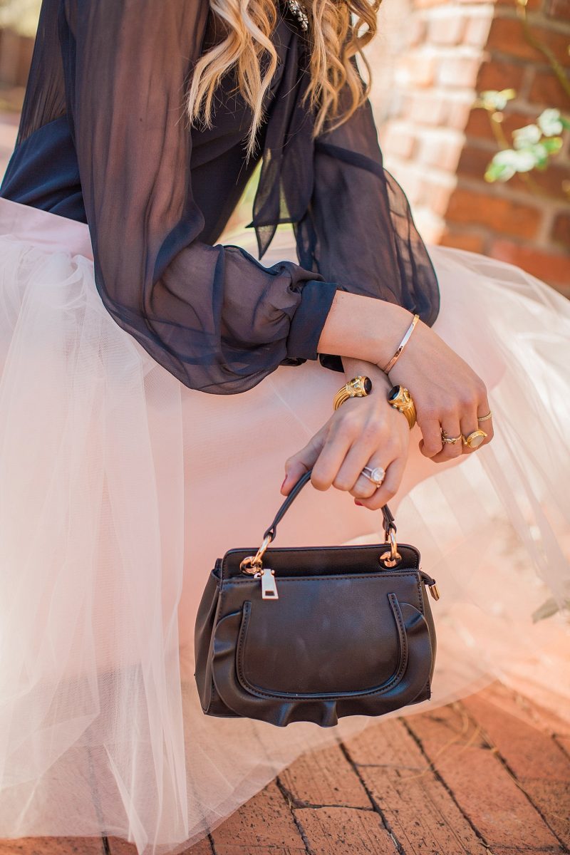 blush and camo, tulle skirt, space 46 boutique, holiday style, valentino dress, julie vos jewelry, fashion blog, style blog, block heels, velvet heels