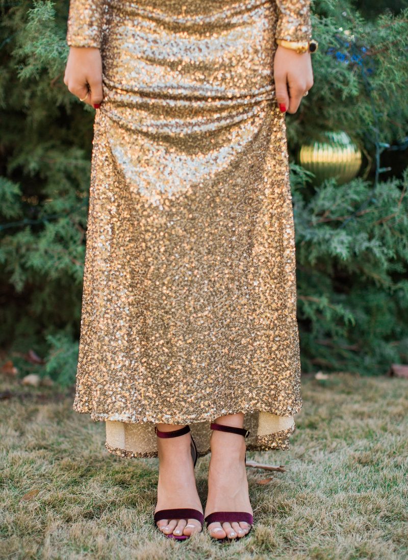 blush and camo, christmas dress, sequined dress, gold dress, velvet heels, block heels, holiday style 