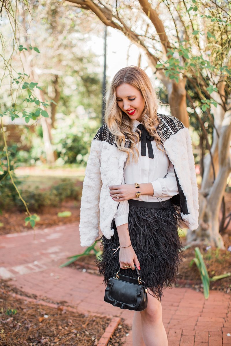 blush and camo, NYE, NYE outfit, feathers 