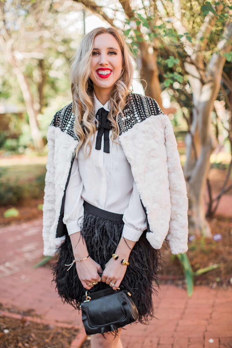 blush and camo, NYE, NYE outfit, feathers 