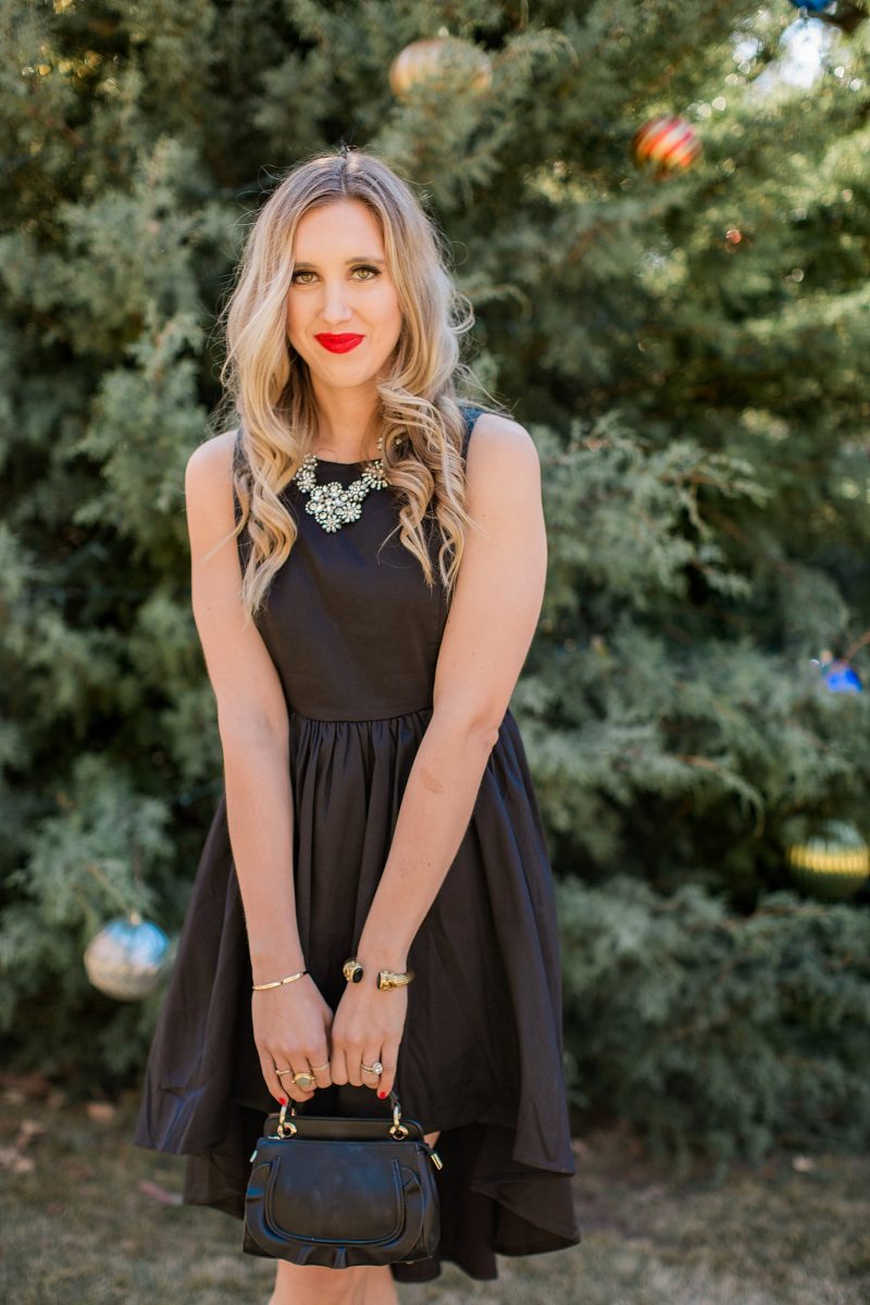 blush and camo, francesca's, holiday style, fashion blog, black dress, LBD, block heels 