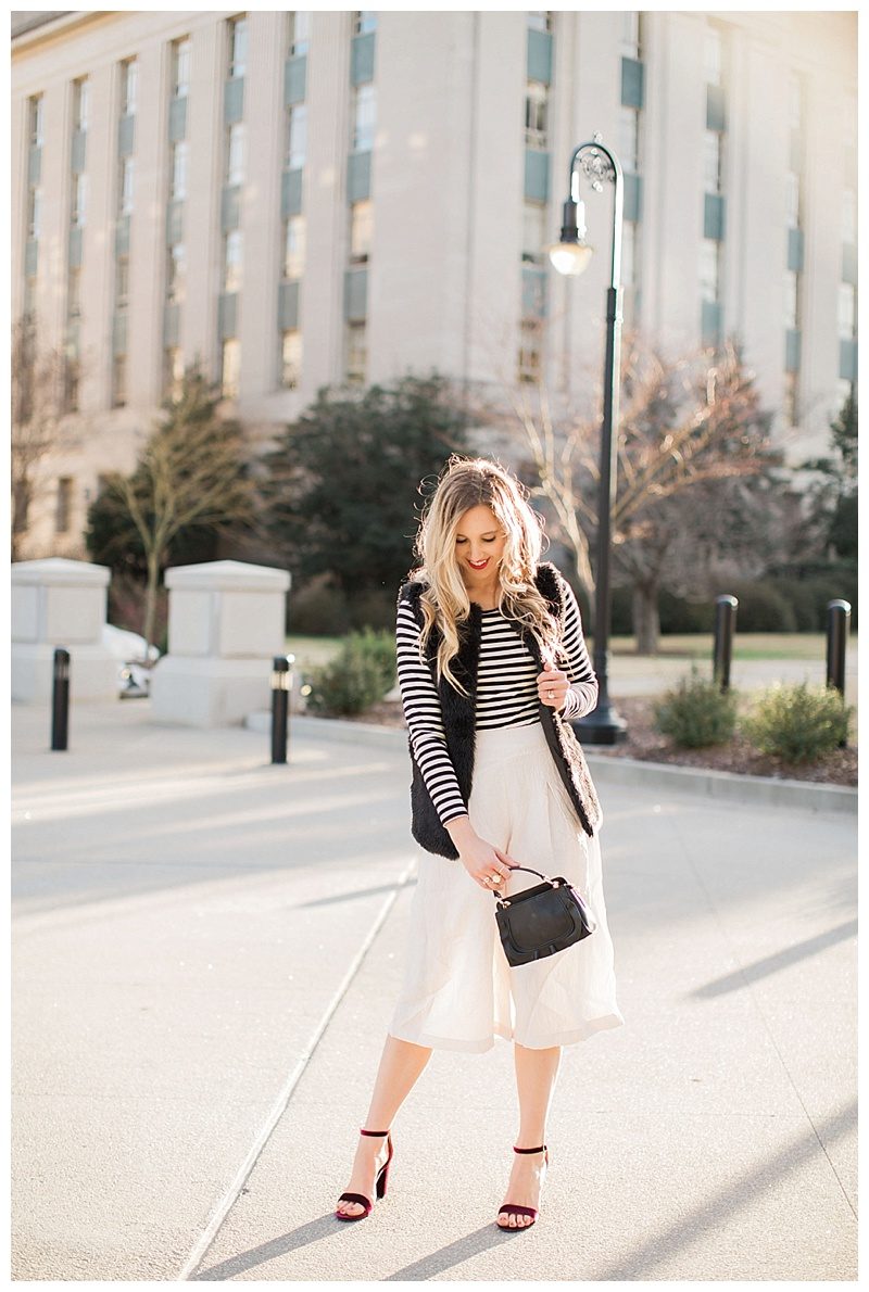 blush and camo, fashion magazine, black and white stripes, velvet block heels, fashion blog, winter style, chic style, faux fur vest 