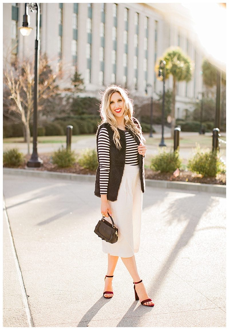 blush and camo, fashion magazine, black and white stripes, velvet block heels, fashion blog, winter style, chic style, faux fur vest 