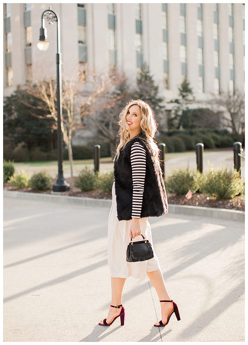 blush and camo, fashion magazine, black and white stripes, velvet block heels, fashion blog, winter style, chic style, faux fur vest 