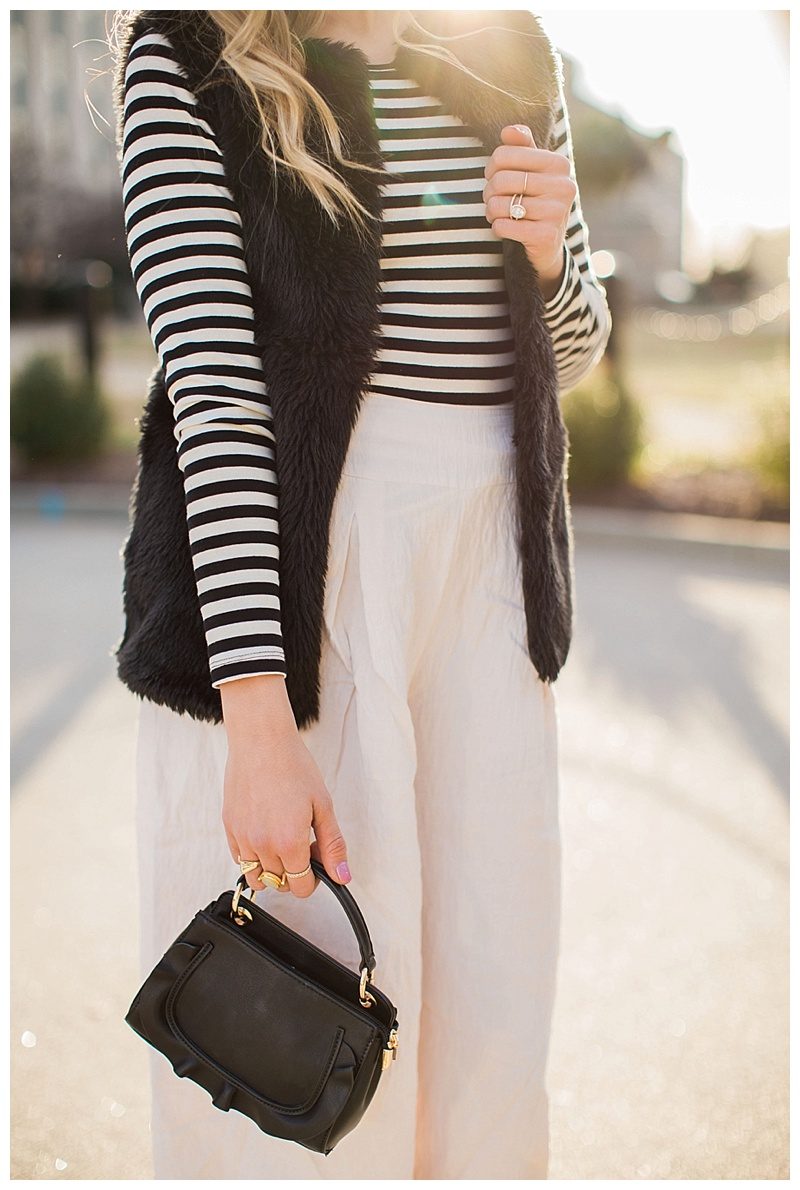 blush and camo, fashion magazine, black and white stripes, velvet block heels, fashion blog, winter style, chic style, faux fur vest 