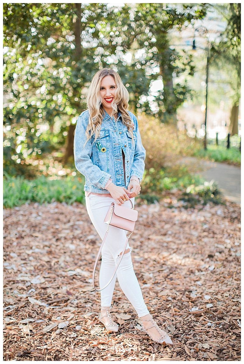 blush and camo, style blog, jean jacket, winter style, white jeans, oxfords 