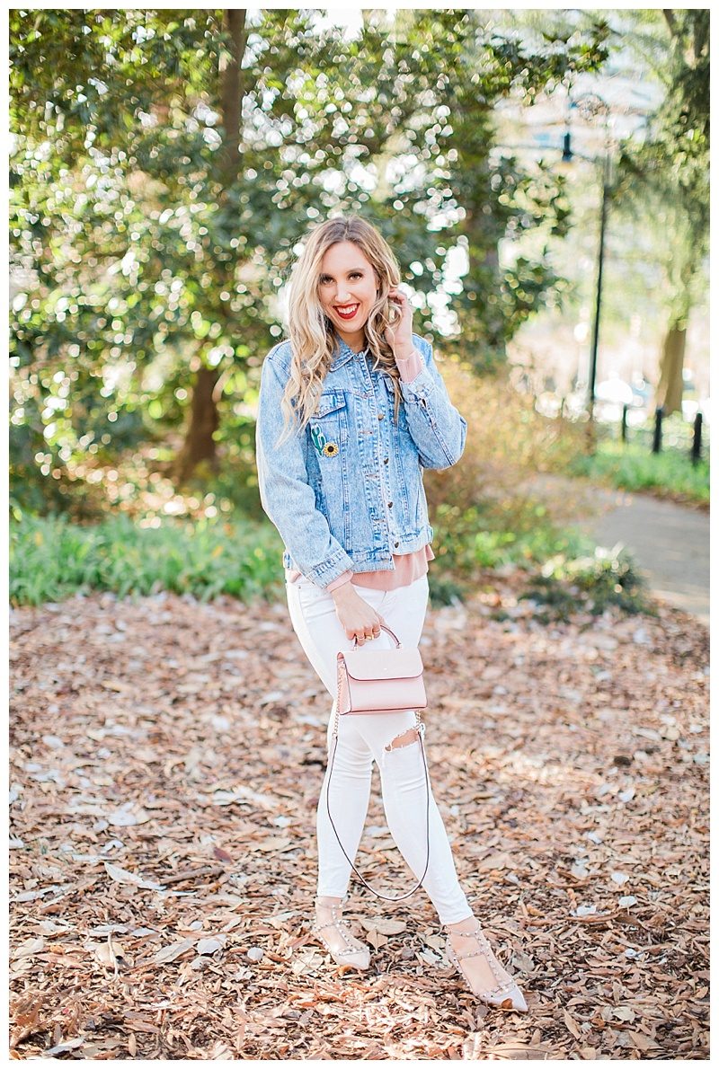 blush and camo, style blog, jean jacket, winter style, white jeans, oxfords 