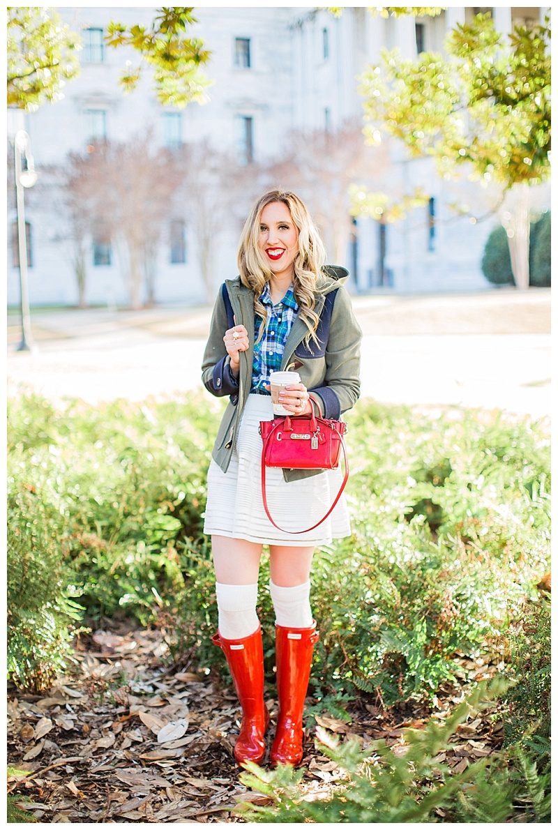 blush and camo, winter layers, style tips, hunter boots, coach bag, j. crew coat