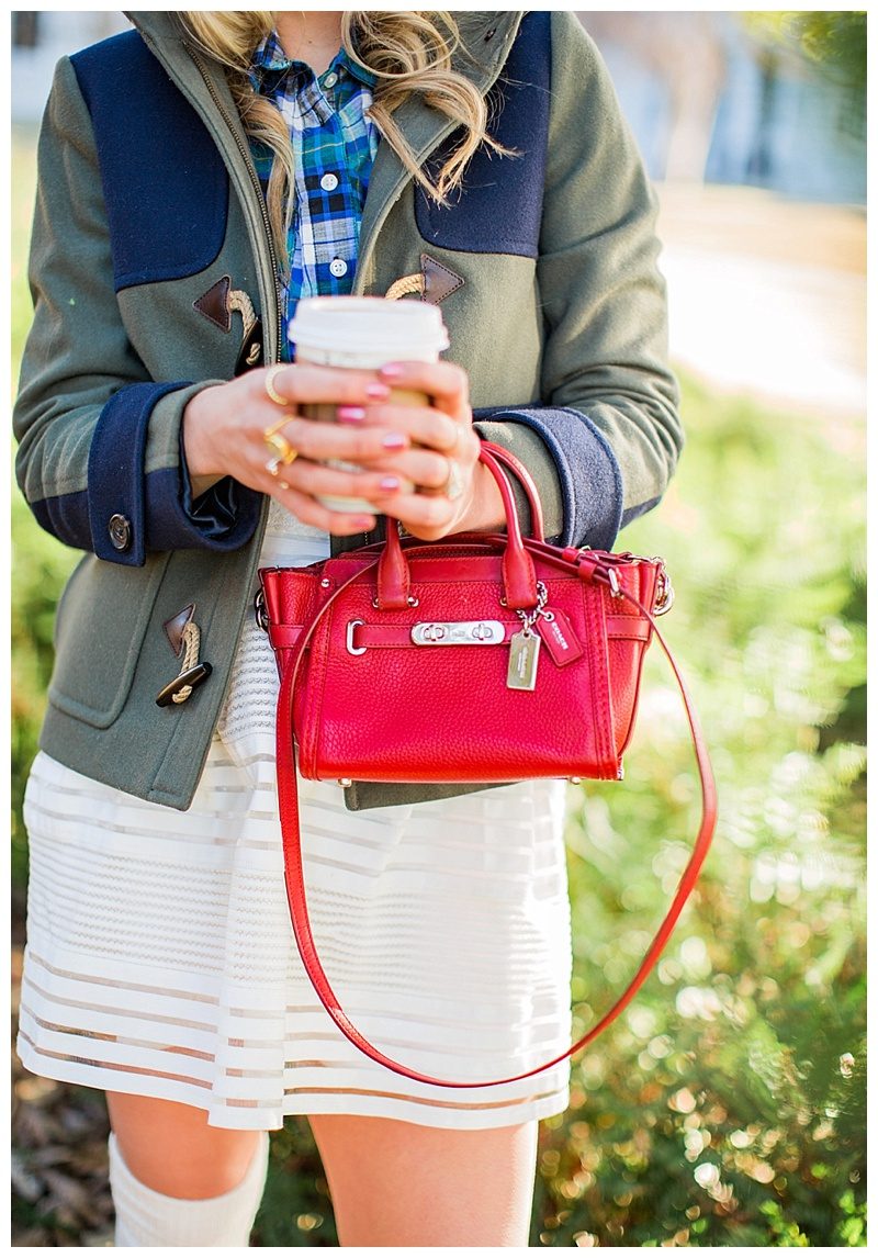 blush and camo, winter layers, style tips, hunter boots, coach bag, j. crew coat 