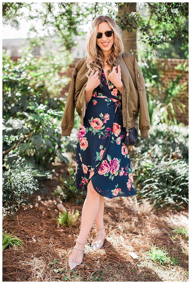 blush and camo, style tips, style blog, morning lavender, morning lavender dress, floral print, valentino rockstud flats, bomber jacket 