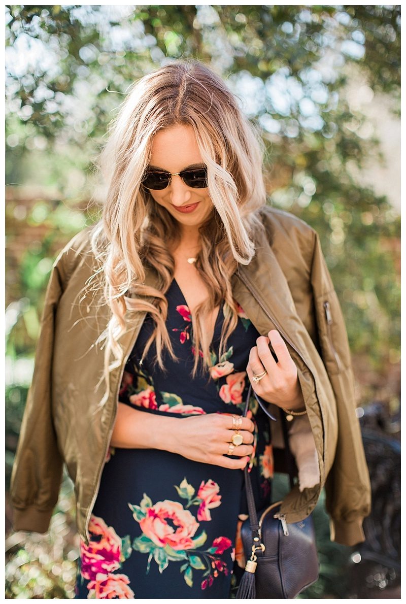 blush and camo, style tips, style blog, morning lavender, morning lavender dress, floral print, valentino rockstud flats, bomber jacket 