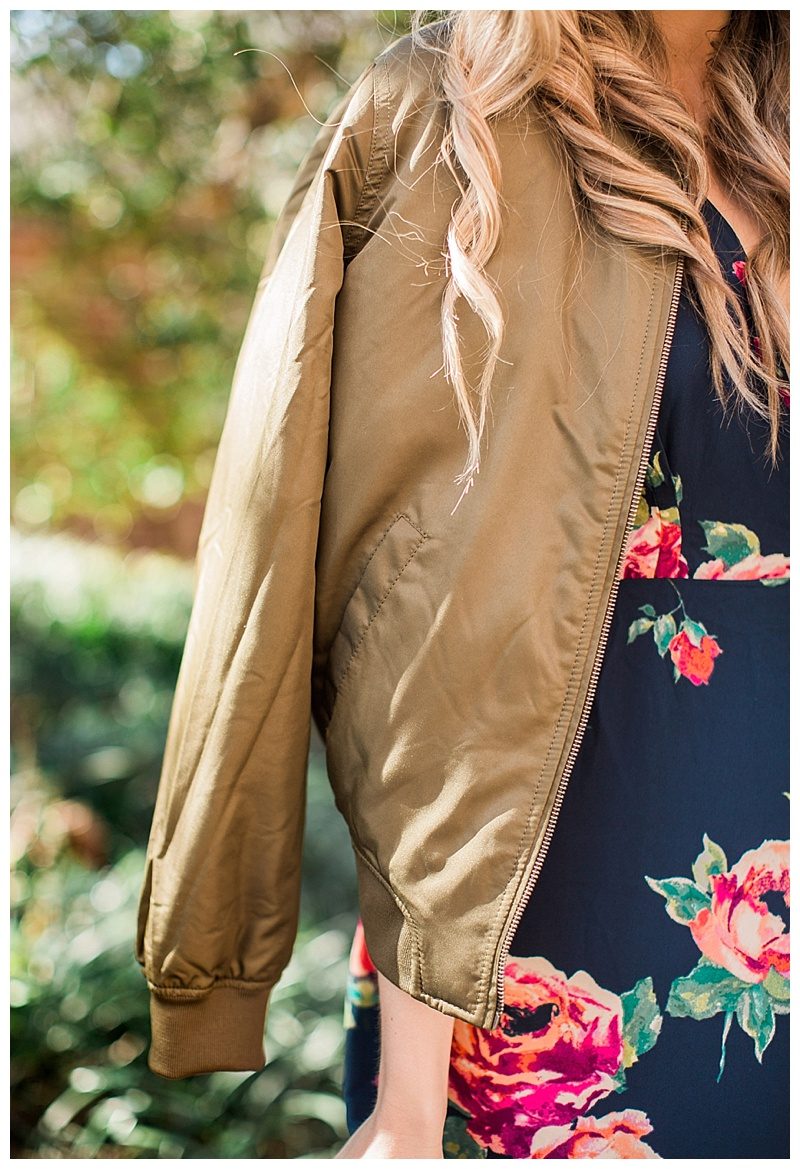 blush and camo, style tips, style blog, morning lavender, morning lavender dress, floral print, valentino rockstud flats, bomber jacket 