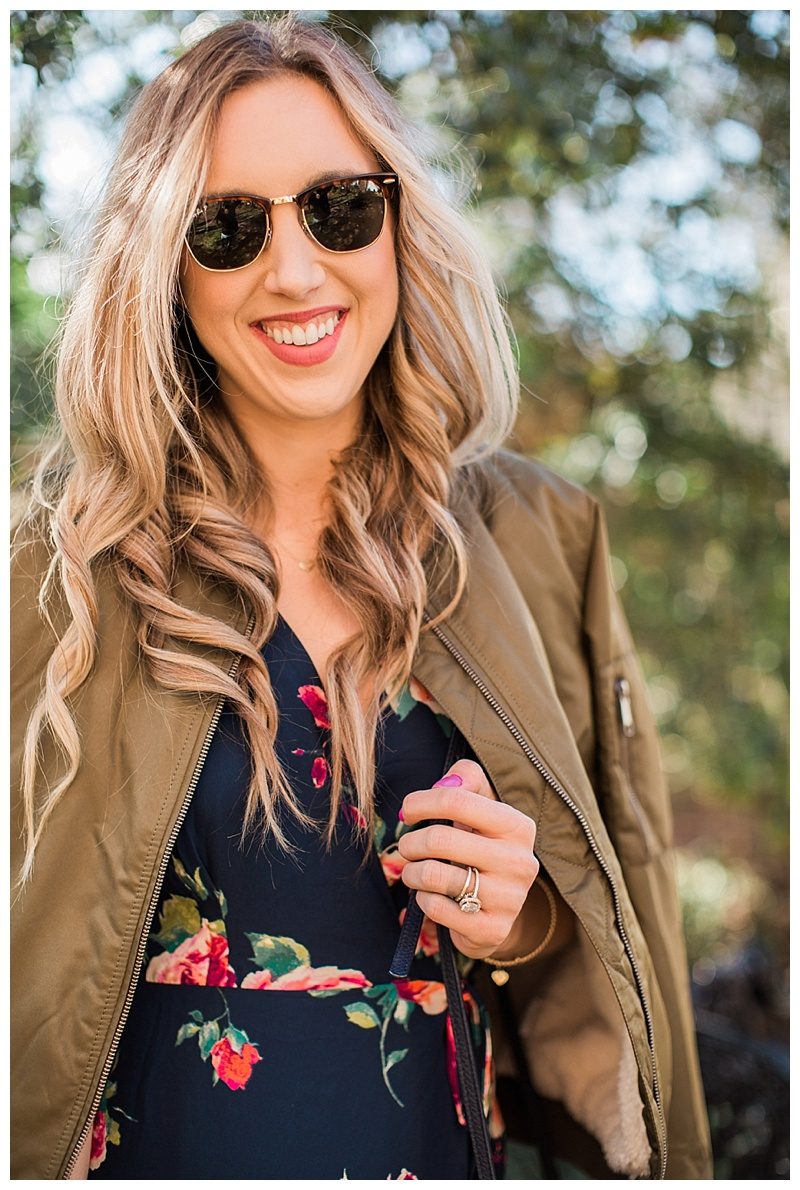 blush and camo, style tips, style blog, morning lavender, morning lavender dress, floral print, valentino rockstud flats, bomber jacket 