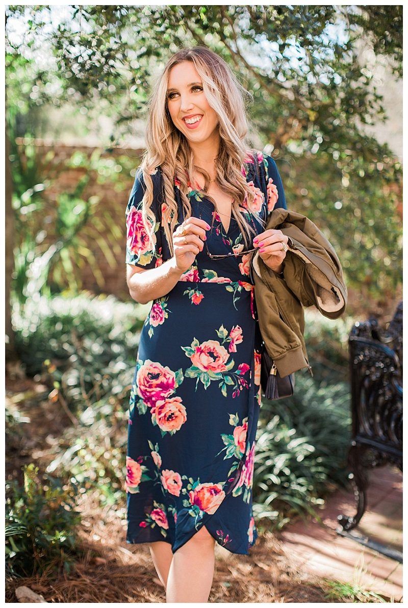 blush and camo, style tips, style blog, morning lavender, morning lavender dress, floral print, valentino rockstud flats, bomber jacket 