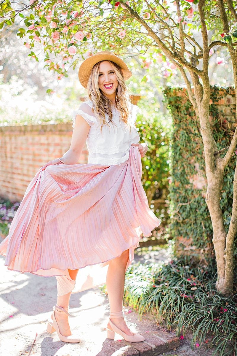 blush and camo, style tips, blog tips, photography tips, pink skirt, boater hat, spring style, fashion blogger style 