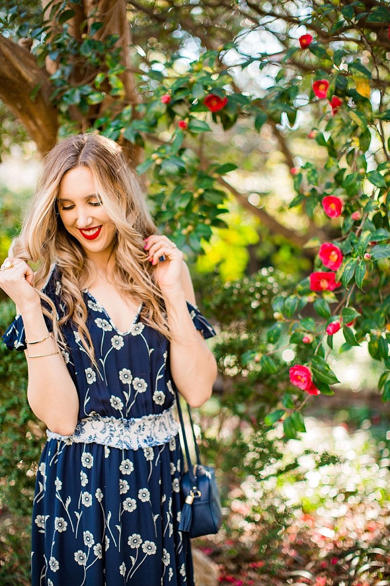 blush and camo, derek lam dress, floral print, spring style, fashion blogger style, floral dress, red lip, gigi new york handbag 