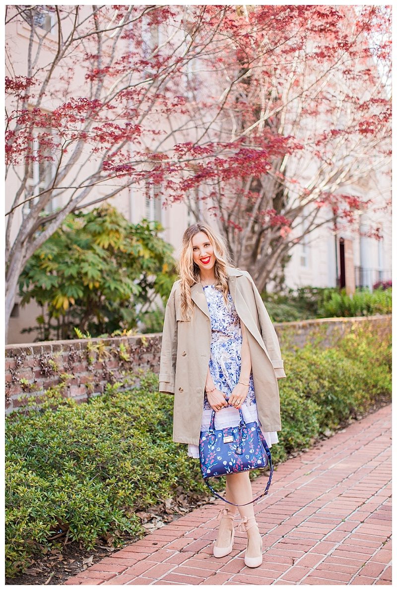 blush and camo, style tips, trench coat, wardrobe staple, pink heels, draper james, blue handbag 