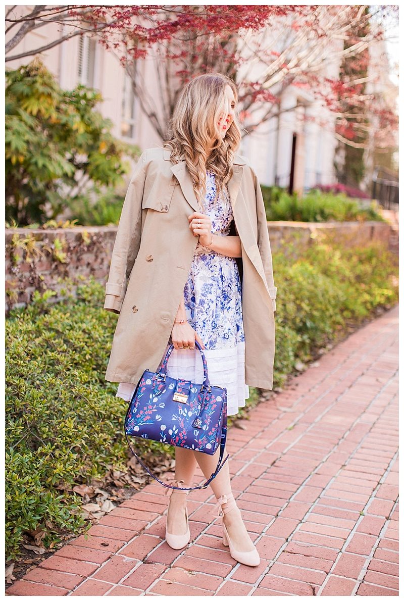 blush and camo, style tips, trench coat, wardrobe staple, pink heels, draper james, blue handbag 