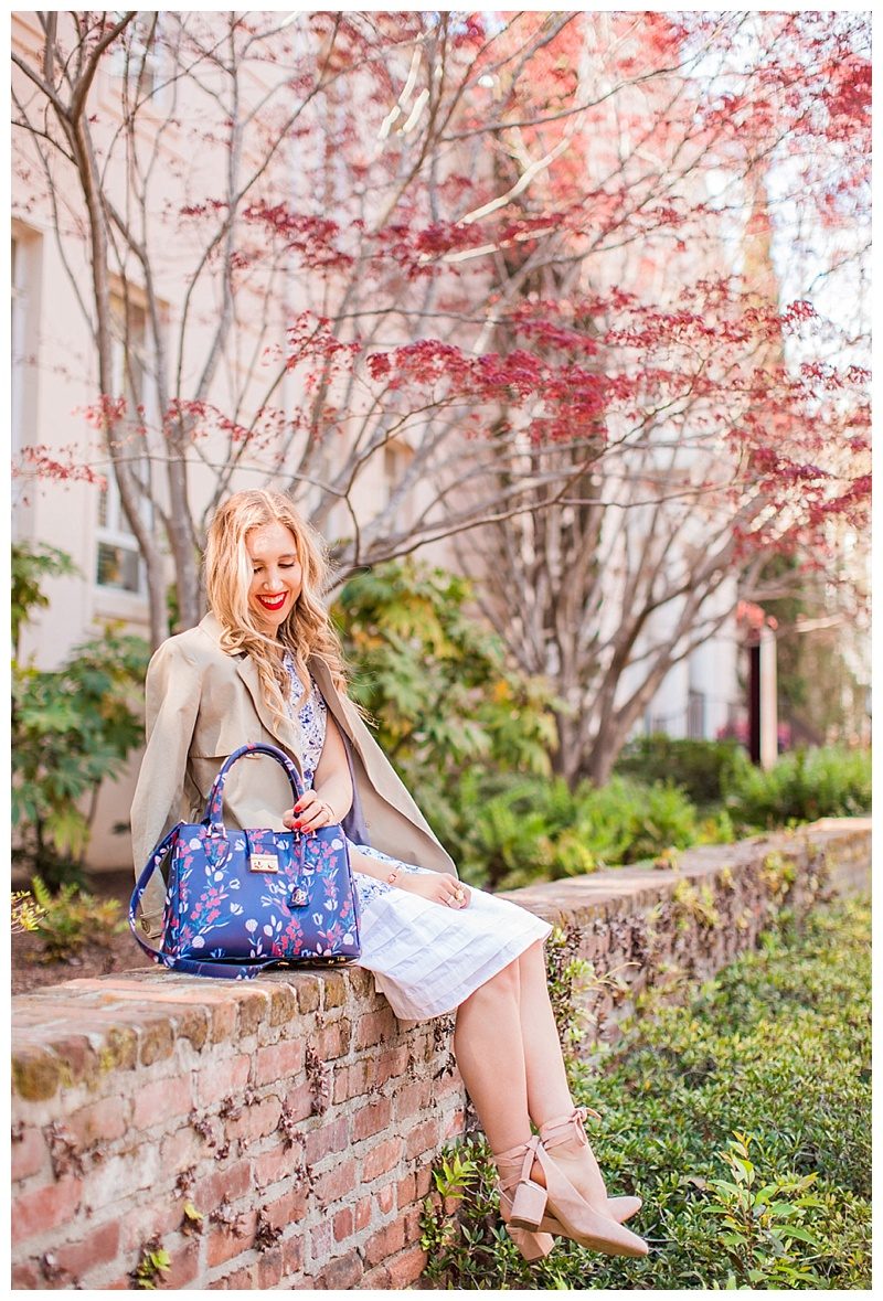 blush and camo, style tips, trench coat, wardrobe staple, pink heels, draper james, blue handbag 