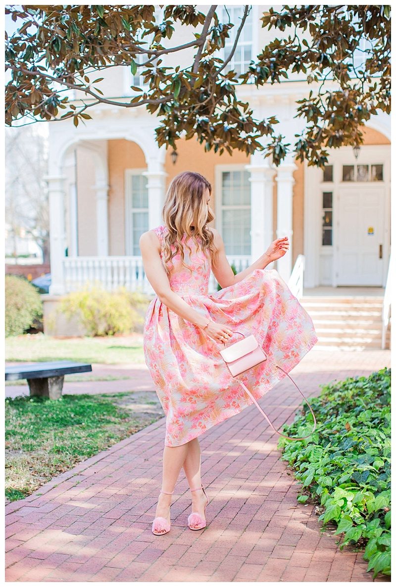 blush and camo, style blog, blush dress, pom heels, kate spade handbag 