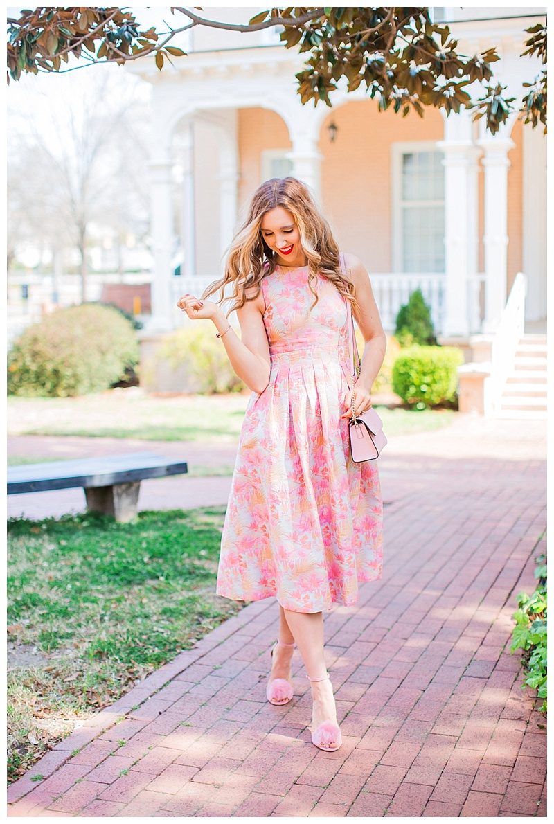 blush and camo, style blog, blush dress, pom heels, kate spade handbag 