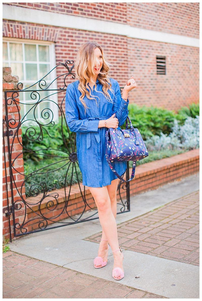 casual summer outfit pink shorts chambray shirt wedges