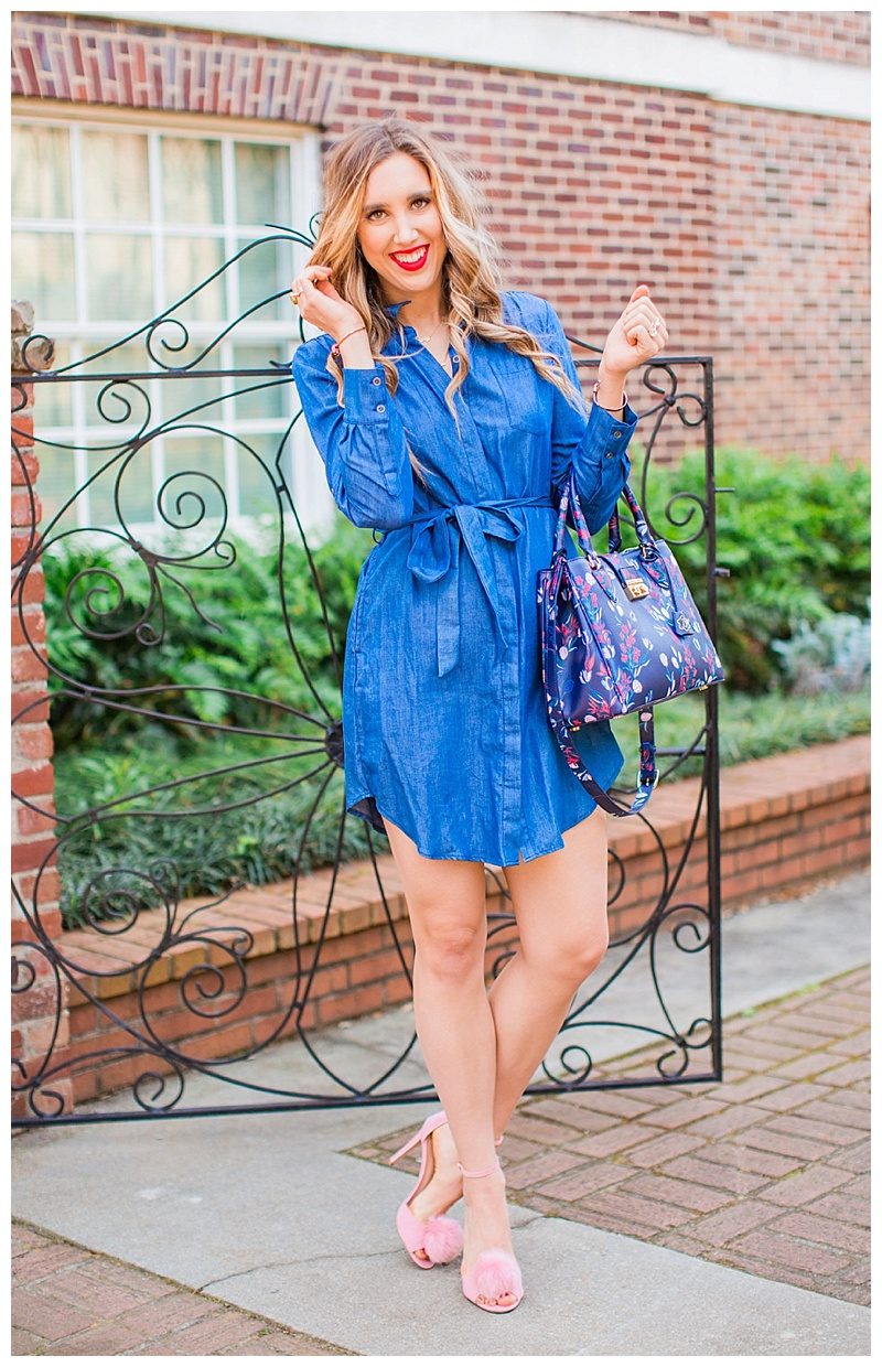 blush and camo, draper james, chambray dress, pink heels, spring style, fashion blogger style, denim dress, shirt dress. red lip 